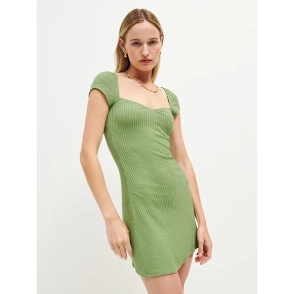 Reformation Percy Short Sleeve Knit Sweater Mini Dress Crocodile Green Women's S - Picture 2 of 6
